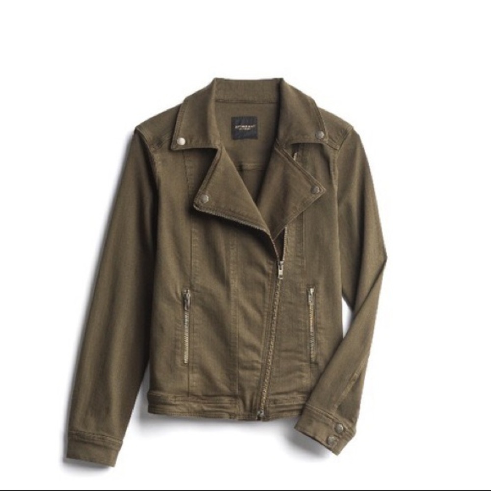 NWT. Liverpool Bradford denim Moto jacket in olive. Size L